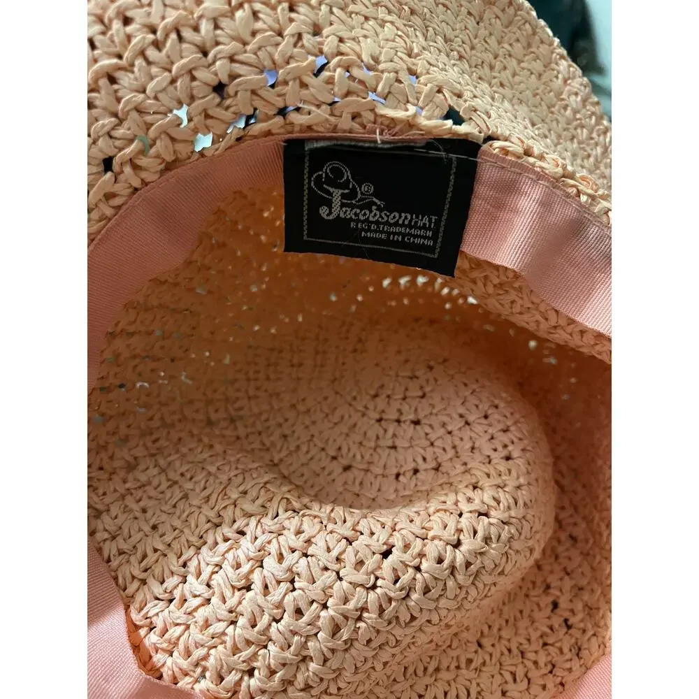 Jacobson Pink Blush Wide Brim Straw Rafia Boho Floppy Beach Sun Hat